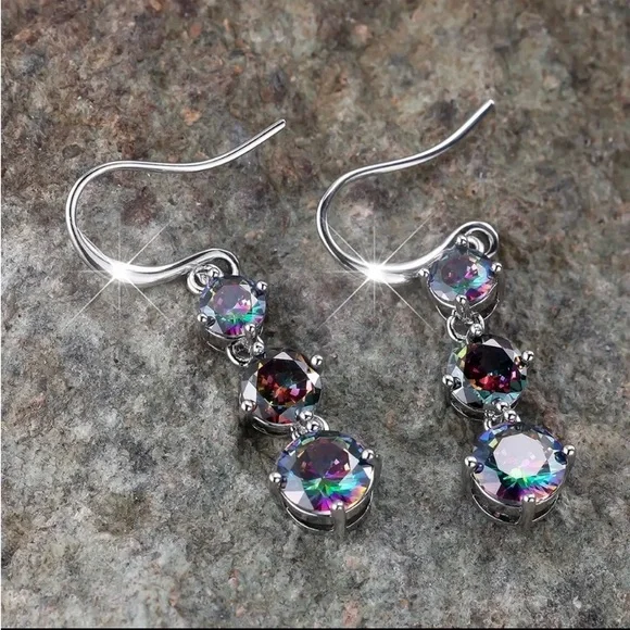 Silver platinum mystic topaz stone hook earrings - Picture 2 of 4
